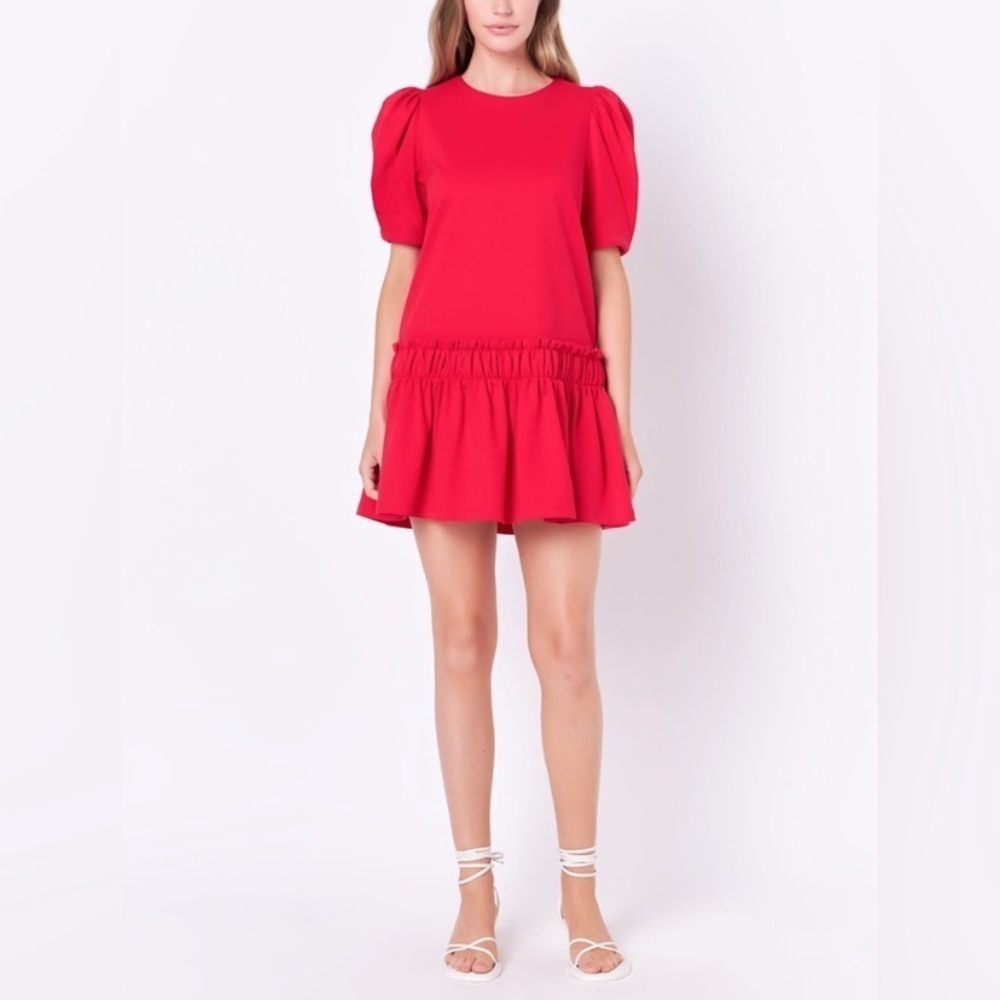 English Factory Puff Sleeves Red Dress